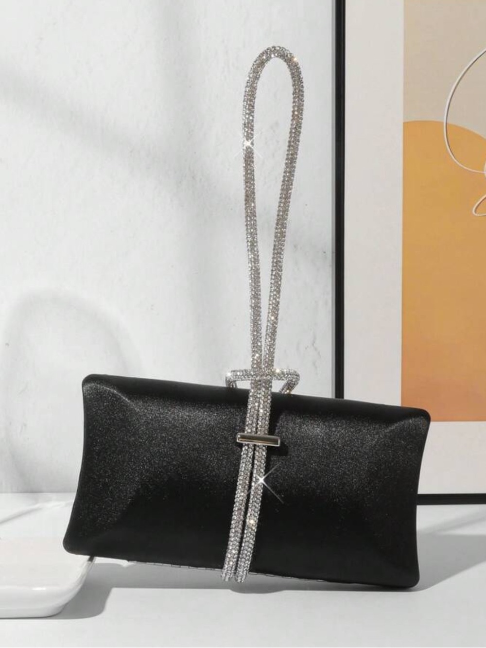 Black Evening Clutch with Crystal Strap